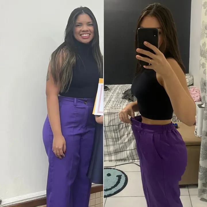 Antes e depois de uma participante, de top preto e calça roxa: à esquerda, no início do processo; à direita, a mesma roupa depois do desafio.