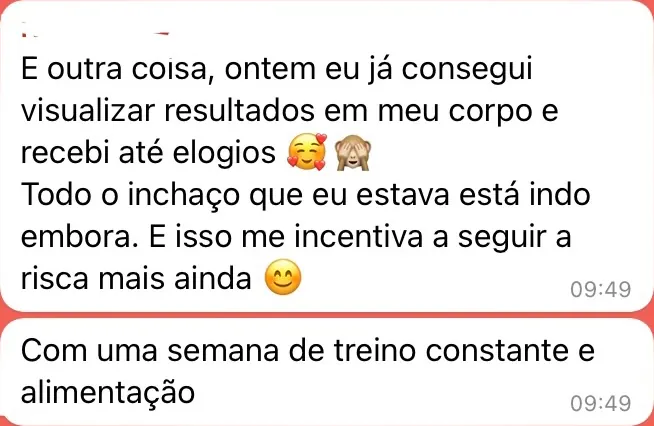 Mensagem de uma paciente: relata que o inchaço está indo embora e que isso a incentiva a seguir com a alimentação e os treinos.